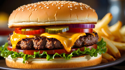 A perfectly focused image of a juicy cheeseburger with a thick beef patty, melted cheddar cheese, crisp lettuce, tomato slices, onions, and pickles, served on a toasted sesame bun with golden French f