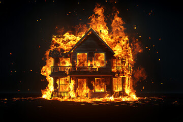 A house engulfed in flames, showcasing a dramatic fire scene with smoke and sparks in the night
