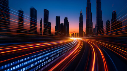 Obraz premium Futuristic cityscape with skyscrapers and digital data streams at sunset, showcasing vibrant light trails and sense of speed and innovation