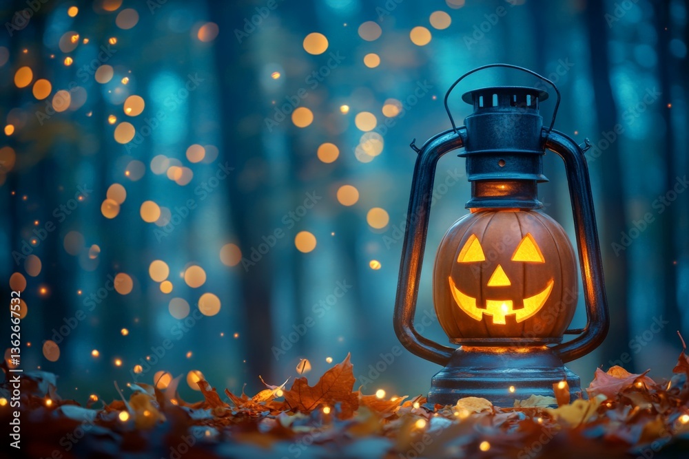 Poster jack-o'-lantern lantern lighting up autumn woods with glowing orange against a backdrop of falling l