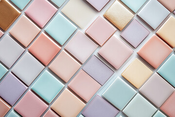 Pastel-colored square tiles arranged in diagonal pattern, showcasing subtle color variations and smooth texture, representing serenity, calmness and design aesthetic