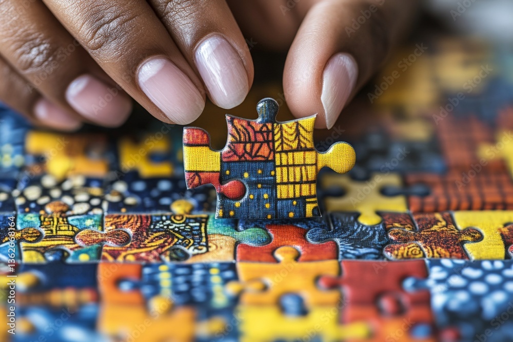 Poster focused individual placing a colorful puzzle piece on a vibrant puzzle in a cozy indoor setting duri