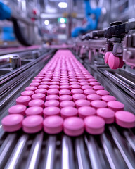 Naklejka premium Pills move down a metal conveyor system inside of a pharmaceutical manufacturing plant