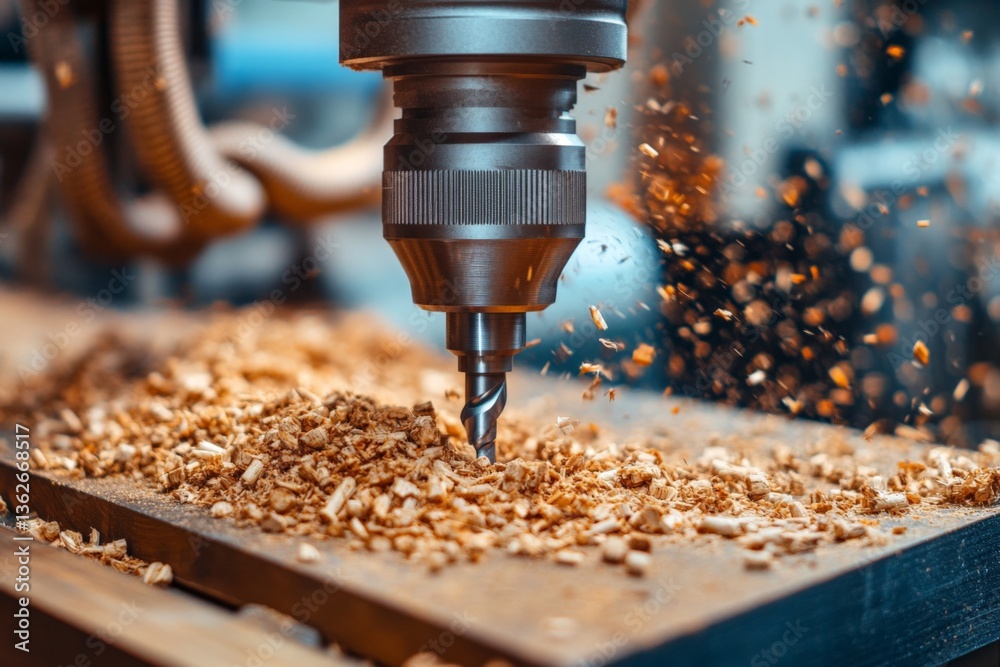 Poster precision drilling in a wood shop during daylight hours, showcasing craftsmanship and technology in 