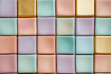 Pastel-colored square tiles arranged in grid pattern, showcasing soft peach, mint, lilac, and gold hues, representing calmness, serenity, and minimalist design