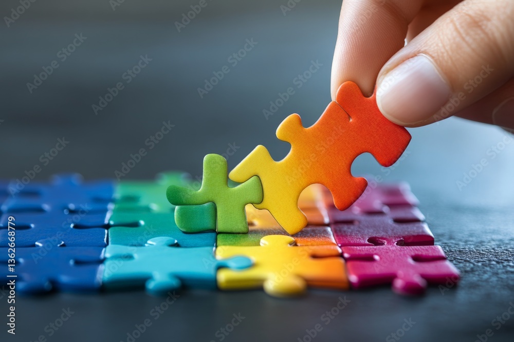 Poster hand placing colorful puzzle piece on partially completed jigsaw puzzle at home on a sunny afternoon