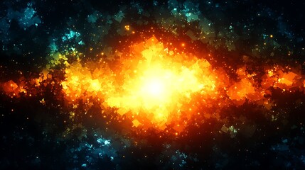 Naklejka premium A vibrant abstract digital artwork depicting a burst of orange and yellow light within a cosmic, star-filled backdrop