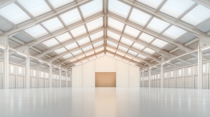 A spacious and well-lit interior of a modern building with high ceilings, large windows, and minimalistic design. Perfect for showcasing industrial spaces or event halls.