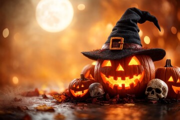 Obraz premium Festive jack-o'-lanterns with glowing faces and a skull under a full moon during a Halloween celebration