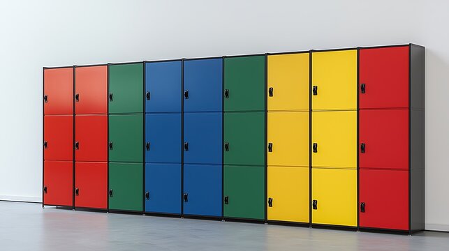 A row of colorful lockers are lined up against a white wall