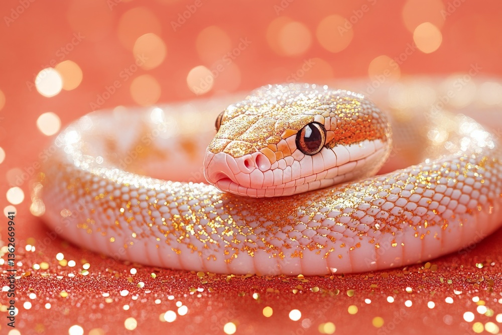 Poster Stunning golden-patterned snake resting on a vibrant orange surface with sparkling elements