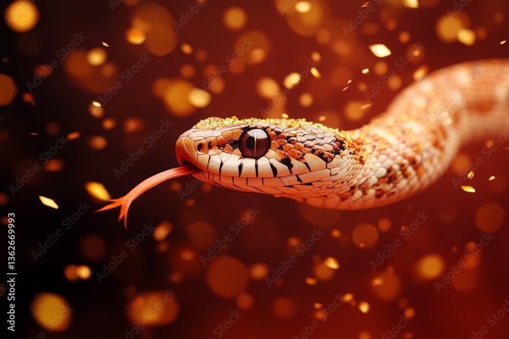 Poster Colorful snake slithering through golden particles, showcasing its intricate patterns in a warm atmosphere