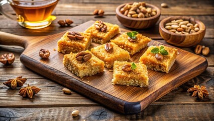 Fototapeta premium Kadayif served on a wooden board with honey and walnuts , Wooden serving board, Middle Eastern sweets