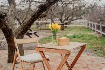 Rustic Charm: Wooden Table with Yellow Tulips in Bloom