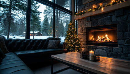 Cozy living room with fireplace, Christmas tree, and snowy view