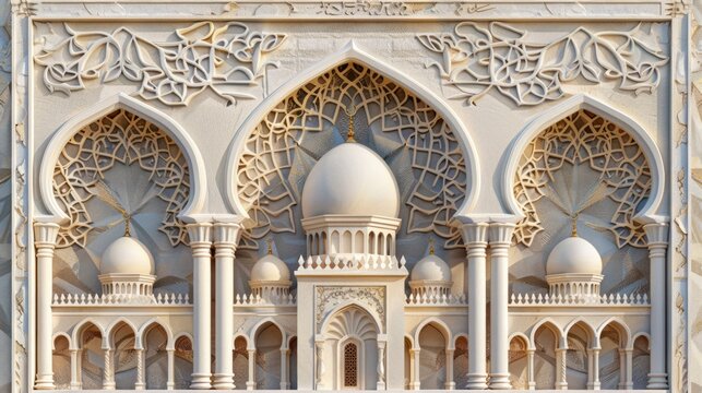 Beautiful mosque 3d relief wallpaper. Mural wallpaper. Wall art. AI generated illustration. 