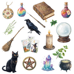 Watercolor Witchcraft Elements Collection – Magic Spells, Potions, Crystals & More