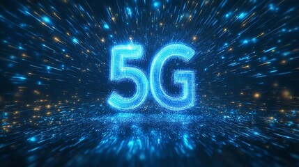 A striking representation of 5G technology, featuring glowing blue digital elements and dynamic motion effects that symbolize connectivity and speed in the modern digital age.