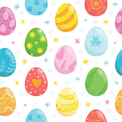 Glossy painted Easter eggs with ornaments. Cute bright cartoon pattern for prints, backgrounds