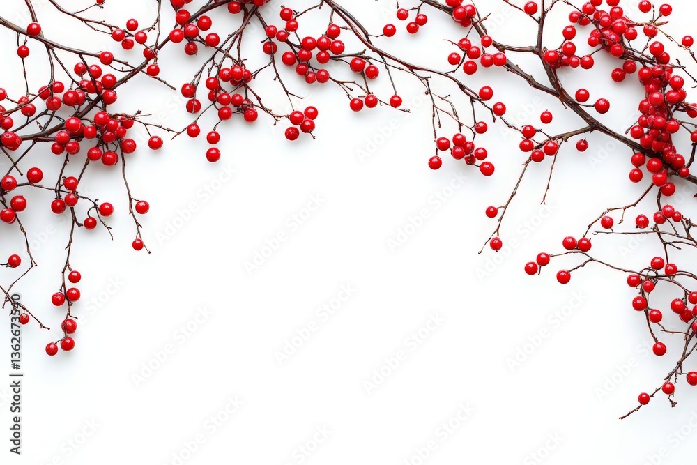 Poster decorative branches with vibrant red berries arranged on a white background for a minimalistic displ