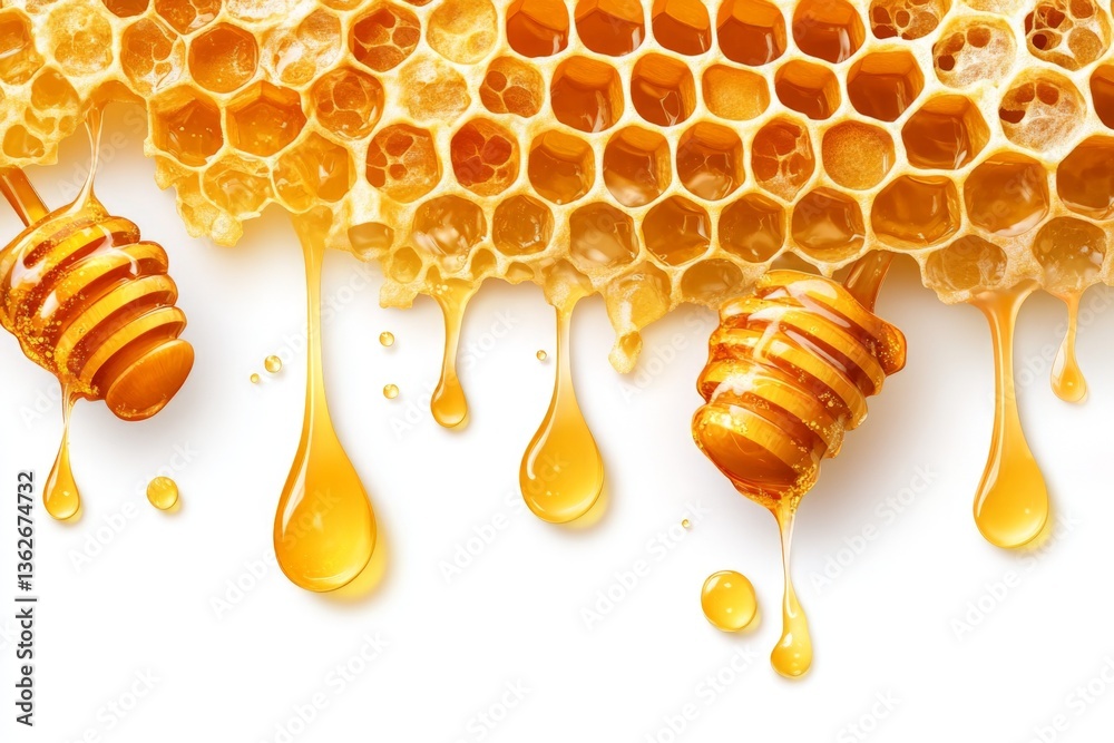 Poster Golden honey dripping from honeycomb with dippers on a white background