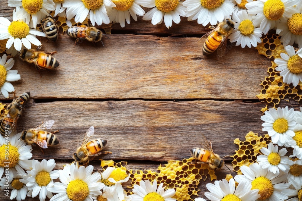 Poster bees gather around daisies and honeycomb in a natural garden setting during the day