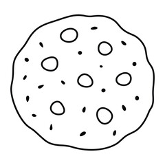 Chocolate chip cookie vector illustration. Hand-drawn dessert in doodle style. Black line art isolated on white background.