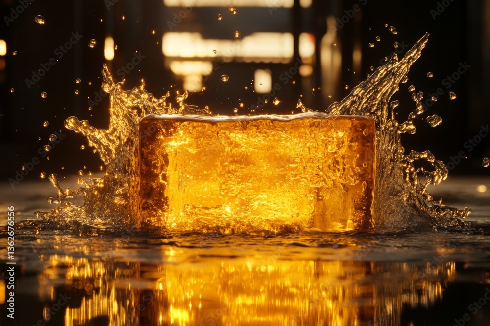 Poster golden block splashes into clear water, creating vibrant ripples in an industrial setting at sunset