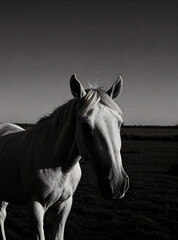 Obraz premium Black and white photo of a white horse close - up