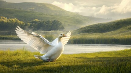 Fototapeta premium A white goose flapping its wings proudly in a lush grassy field, with the peaceful pond and distant hills creating a serene setting in the background