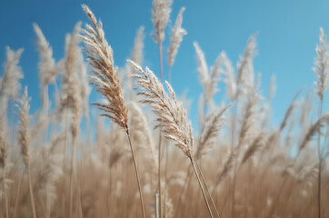 Fototapeta premium Ripe golden wheat field under clear blue sky, agricultural farmland scenery, Generative AI