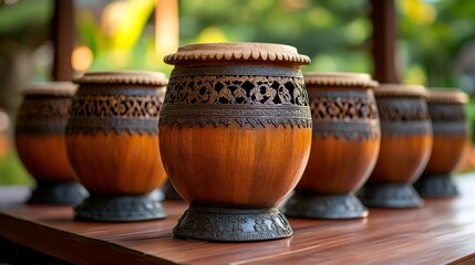 Ornate wooden drums on a table