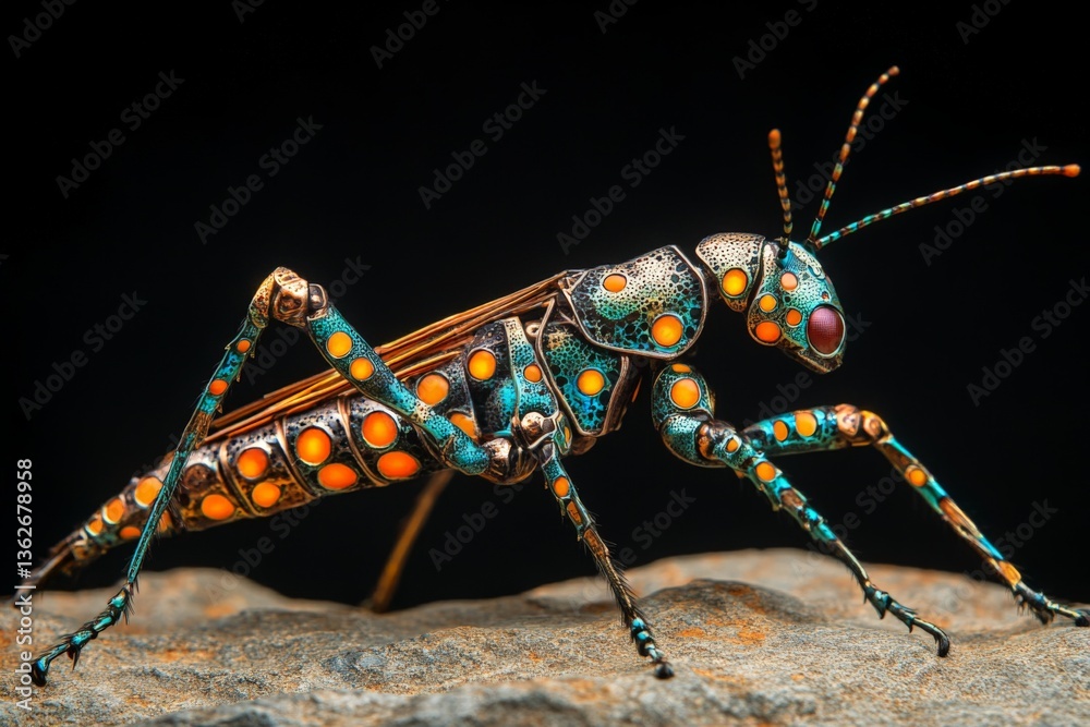Poster Colorful grasshopper resting on a stone with vibrant patterns in a dark environment