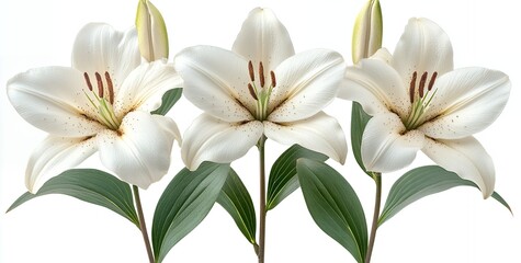 Fototapeta premium Elegant White Lilies Bouquet Three Stunning Blooms Isolated on White Background