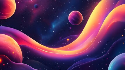 digital artwork Background featuring a vibrant, abstract space scene with swirling waves of color in shades of purple, pink, orange, and blue, creating a sense of movement and depth