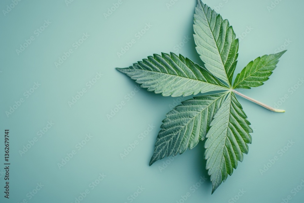 Poster cannabis leaf resting on a pastel surface creating a serene natural atmosphere in soft lighting