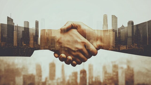 A symbolic handshake represents partnership and collaboration, set against a backdrop of abstract city buildings, conveying trust and professional growth in the business world.
