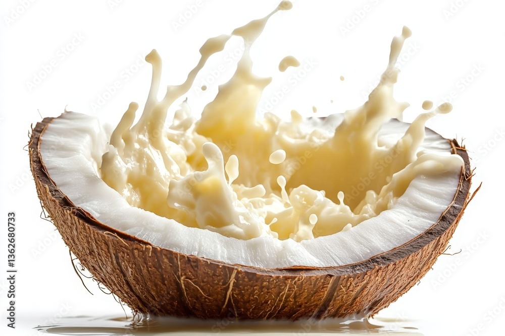 Poster Coconut shell with splash of coconut milk against a white background creating an artistic effect