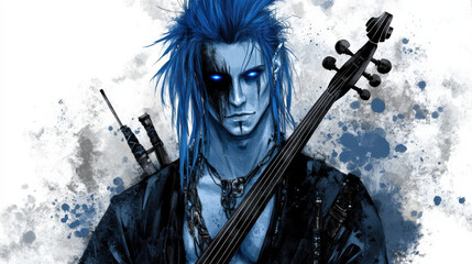 Naklejka premium A striking character with blue hair and glowing eyes, holding a string instrument, isolated on a transparent background.