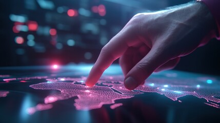 A hand interacts with a digital map, emphasizing technology and connectivity.