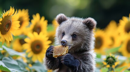 Obraz premium Adorable bear cub enjoying sweet honeycomb in a field of sunflowers