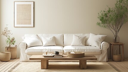 Scandinavian-Style Living Room with White Sofa, Beige Rug, Coffee Table, Cream-Colored Wall, Characterful Painting, Minimalist Yet Inviting Atmosphere, Warm Earthy Tones