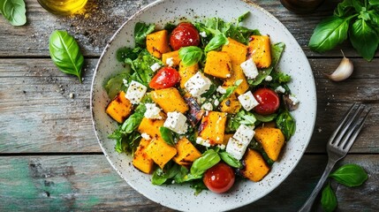 A hearty autumn salad with caramelized grilled pumpkin, creamy feta cheese, and aromatic herbs, presented on a rustic wooden table, top view