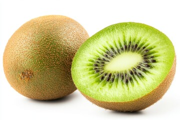 Freshly sliced kiwi fruit showcasing vibrant green flesh and tiny black seeds near whole kiwi on white background