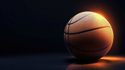 Obraz premium A highly detailed realistic basketball with dramatic lighting on a dark background, glowing rim light highlighting its textured surface, EPS vector