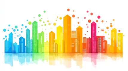 Fototapeta premium A vibrant and colorful city skyline featuring a variety of modern building designs. The illustration showcases a fusion of bright colors, representing creativity and urban life.