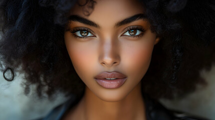 Fototapeta premium Portrait Young woman with curly hair, brown eyes, and smooth skin looking at camera