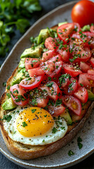 Open-faced toast topped with egg, avocado, & tomato