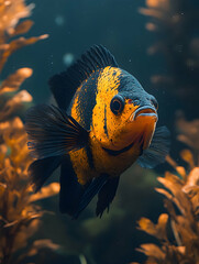 Orange and black fish swims among plants in an aquarium with soft lighting