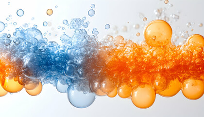 Orange and blue liquid mix, forming bubbles in a fluid medium
